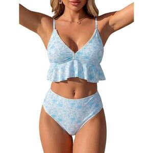 Womens High Waisted Bikini Sets Floral Ruffle Trim Blue S